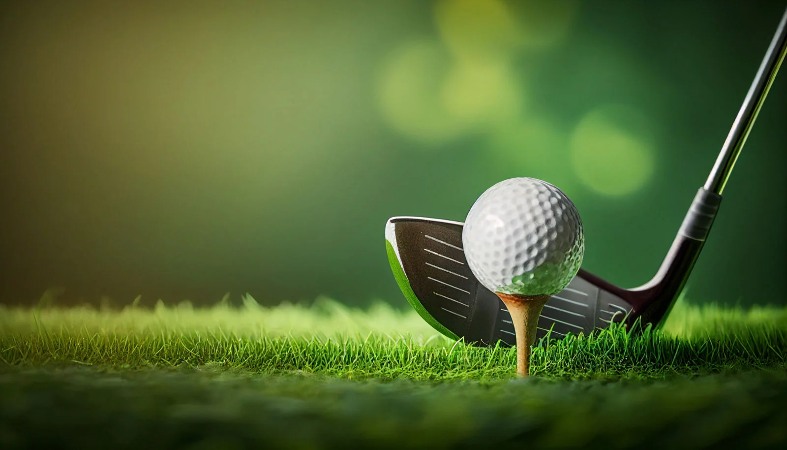 Close up of a golf club and golf ball on grass