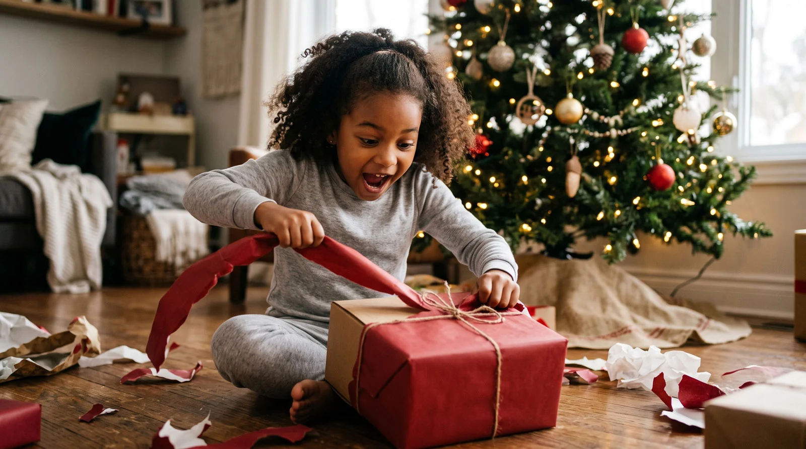 Child excitedly opening a gift by a Christmas tree